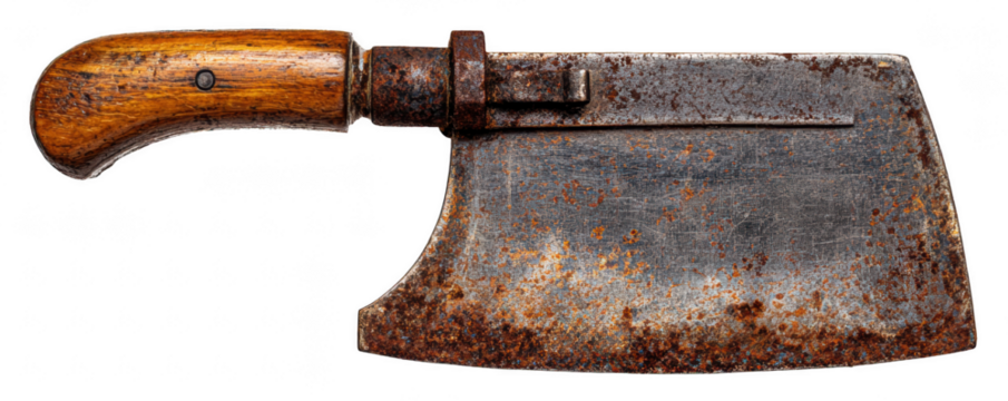 Old rust-covered cleaver blade with wooden handle, isolated on transparent background, antique tool or weapon, realistic texture