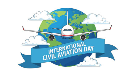 International Civil Aviation Day Celebration with Airplane Flying Over Earth Illustration