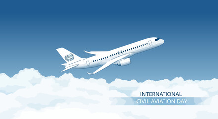 International Civil Aviation Day Concept White Passenger Jet Taking Off Above Clouds