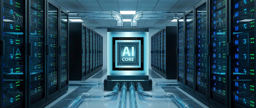 Futuristic data center with glowing server racks surrounding a massive illuminated AI CORE chip, cooled by transparent pipes in a high-tech environment