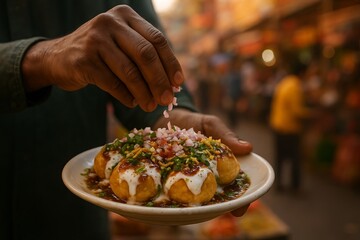 Hand Sprinkling Onions on Dahi Puri Chaat in Indian Market
