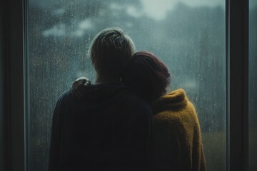 Couple embracing and looking out of a window on a cold rainy day