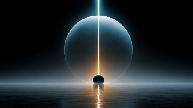 Celestial scene featuring a large glowing planet with a radiant beam of light piercing through the darkness, reflecting on a tranquil water surface, creating an ethereal atmosphere of cosmic wonder