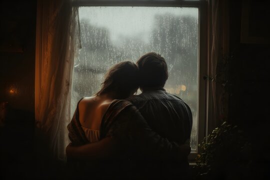 Couple embracing and looking out of a window on a rainy - Powered by Adobe