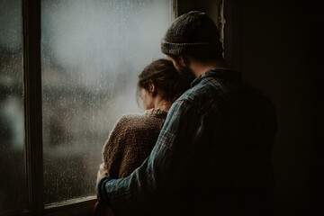 Couple embracing and looking out of a window on a rainy