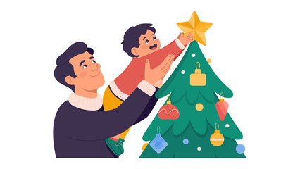 Father and Child Decorating Christmas Tree: Capturing a heartwarming scene of a father and child decorating a Christmas tree with love and togetherness.
