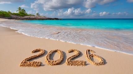 Numbers 2026 written in sand on a serene beach, with gentle waves lapping at the shore, surrounded by lush greenery and a vibrant blue ocean under a bright sky