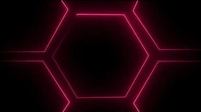 glowing neon light hexagon frame animated on black background. Seamless loop. 4K animation.