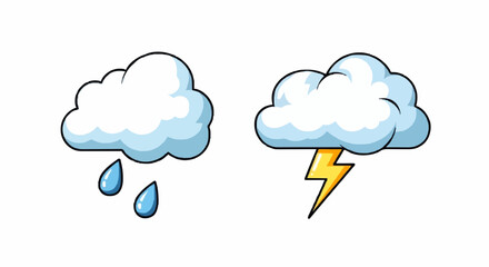 Two cartoon clouds, one with raindrops falling and the other with a lightning bolt, on a white background.