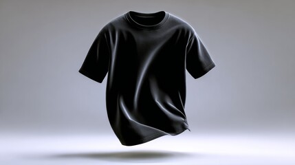 Black t-shirt mock up floating in mid-air against a soft gradient background, showcasing smooth fabric texture and modern design, ideal for apparel branding and marketing purposes