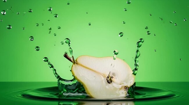 A fresh pear half splashing into vibrant green water with droplets flying against a matching green background.