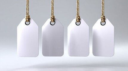 Blank price tags hanging from twine, showcasing a minimalist design against a soft gradient background, ideal for branding, labeling, or promotional purposes in various contexts