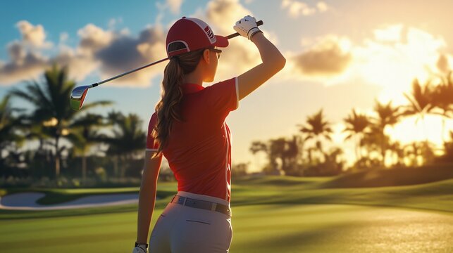 Female golfer greets on putting green