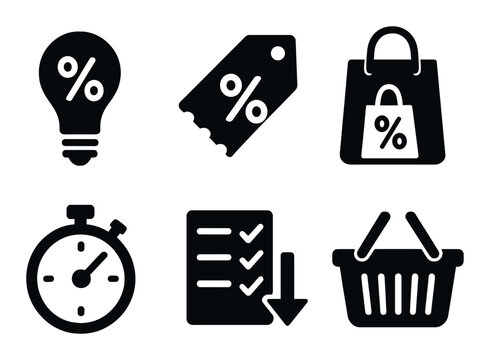 Black friday shopping icons: discount tag, lightbulb, shopping bag, stopwatch