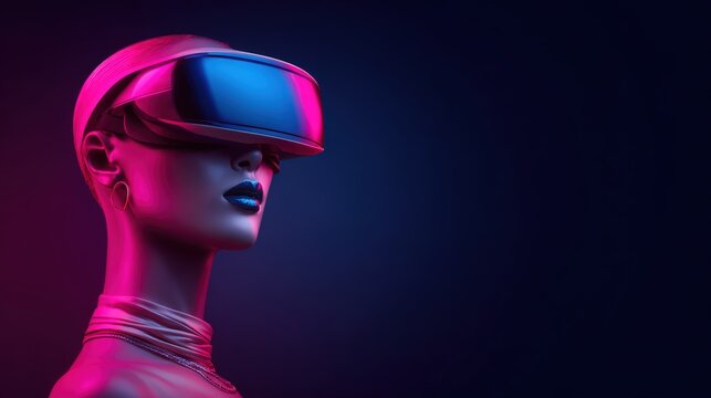 A futuristic mannequin wearing a stylish VR headset, illuminated with vibrant pink and blue lights, Ideal for technology, gaming, or fashion-related projects in advertising, blogs, or presentations,