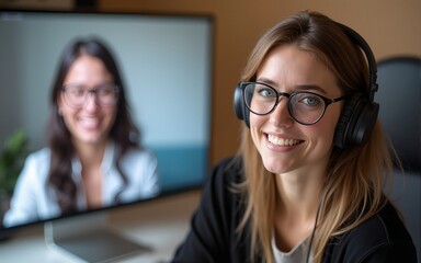 Woman, video call and conference or virtual meeting on screen discussion at home office, collage or webinar. Female person, headphones and group diversity in London or presentation, talk or online
