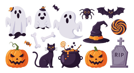 Halloween themed vector illustration with ghosts, pumpkins, cat, and other spooky elements.