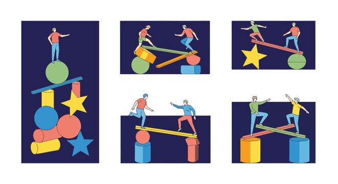 Illustrative depiction of individuals balancing on precarious structures composed of geometric shapes, symbolizing equilibrium.