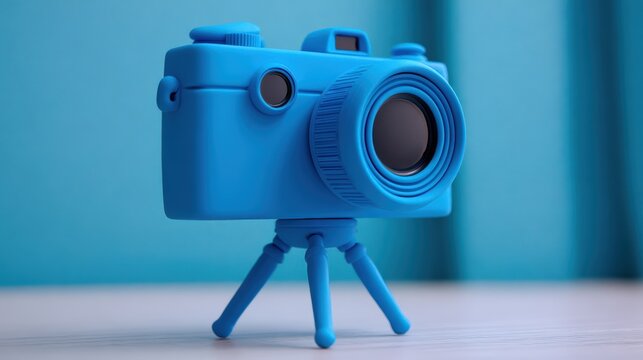 A vibrant blue camera model is set on a light wooden surface against a soft blue background, ideal for creative projects, photography discussions, or marketing materials related to visual arts,