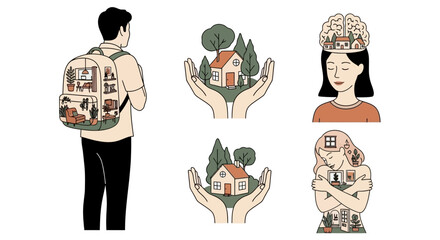A collection of illustrations depicting concepts of home, self, mind, and environment, featuring people, houses, and nature.