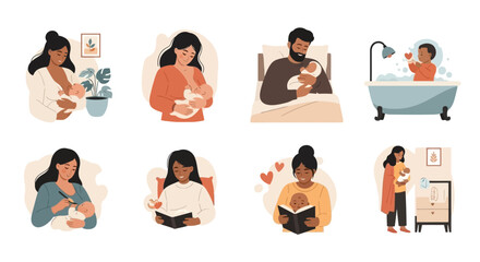 Collection of illustrations depicting mothers and fathers bonding with their babies, including breastfeeding, holding, bathing, and reading.