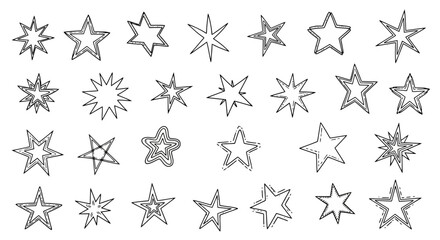 A collection of hand-drawn star shapes with various styles, points, and artistic outlines on a white background.