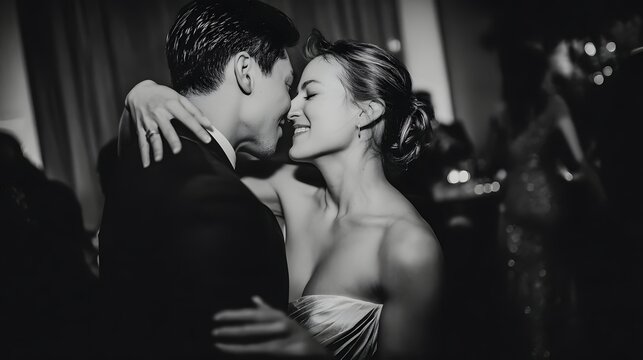 Black and white photo of bride and groom dancing at wedding reception