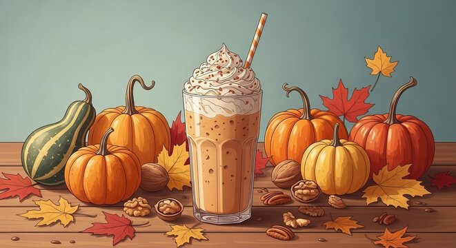 Pumpkin spice latte fall autumn gourds leaves beverage drink thanksgiving october season harvest 100