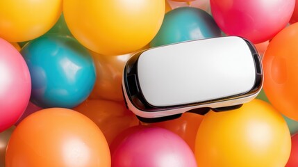 A virtual reality headset lies atop a vibrant array of colorful balls, creating a playful contrast, Ideal for illustrating technology, gaming, or creative leisure themes,