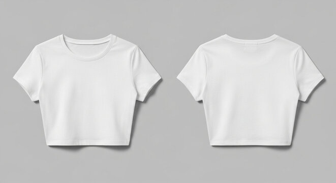 Two white crop tops are displayed, one showing the front and the other the back, against a light gray background.