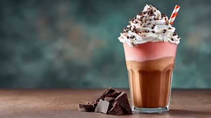 Delicious layered dessert beverage in a tall glass topped with whipped cream, chocolate shavings, and a striped straw, served alongside dark chocolate pieces on a rustic wooden table