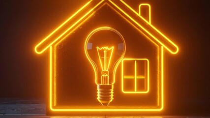A luminous neon sign of a house containing an incandescent bulb symbolizing home electricity and energy consumption - Powered by Adobe