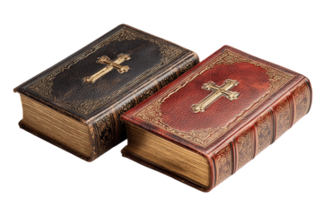 Two ornate books with golden crosses on their covers side by side isolated on transparent background