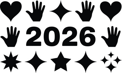 A graphic with hearts hands stars and diamonds surrounding the year two thousand and twenty six