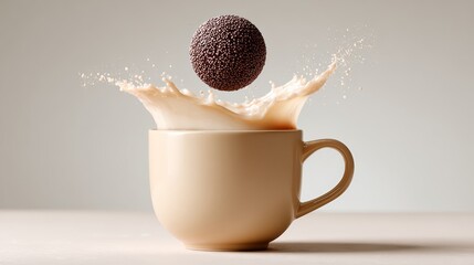Splash of creamy beverage in beige cup with chocolate ball hovering above, creating dynamic motion and visual interest, showcasing delightful culinary experience and artistry in food photography