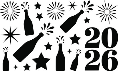 Black silhouettes of champagne bottles stars fireworks and the year twenty twenty six on white background