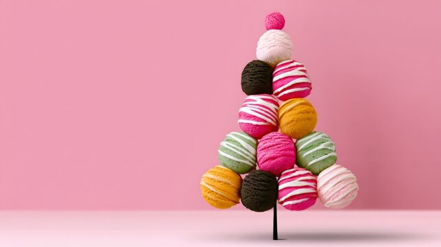 Colorful macaron tree arrangement with vibrant pastel colors, showcasing a delightful dessert display against a soft pink background, perfect for festive celebrations and sweet treats