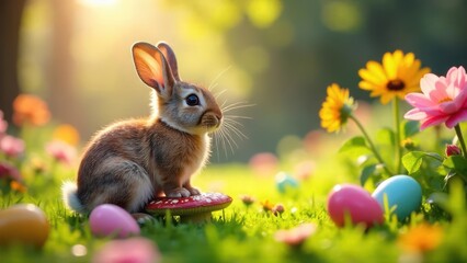 A fluffy brown bunny rabbit sits serenely atop a vibrant red mushroom amidst a field of colorful springtime blossoms and pastel eggs.
