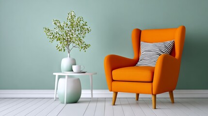 Bright orange armchair with striped cushion beside a minimalist white table, featuring a potted plant and cup, set against a soothing green wall, creating a cozy interior atmosphere