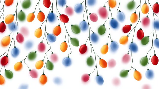 Colorful decorative lights hanging in a whimsical arrangement, featuring vibrant hues of red, green, yellow, and blue, creating a festive atmosphere for celebrations and joyful occasions