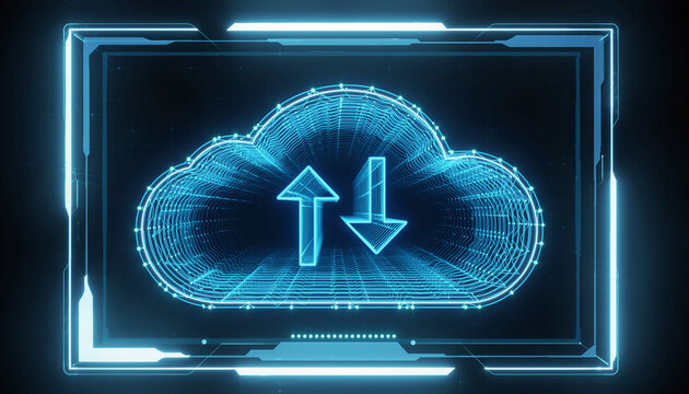 Digital Cloud Data Transfer: An illuminated, futuristic display depicts the concept of cloud computing, showcasing data upload and download arrows within a stylized cloud.