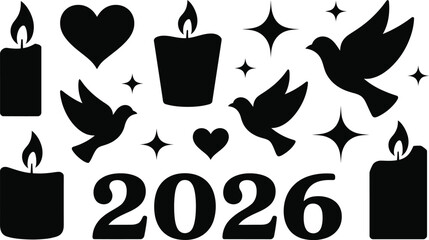 2026 silhouette vector with candles, birds, hearts, and sparkles in peaceful black graphic design