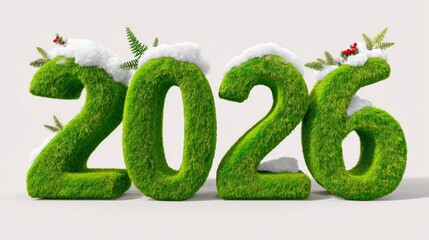 Green grass numbers 2026 adorned with snow and small pine branches, symbolizing the arrival of a new year, showcasing a fresh and vibrant seasonal theme for celebrations