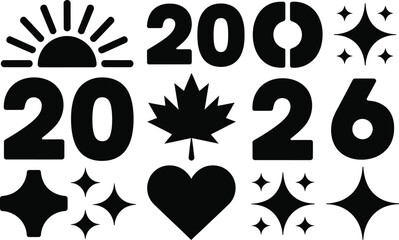 Stylized 2026 graphic with sun, maple leaf, heart, and sparkle symbols in bold black icon design