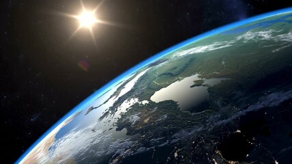 Earth view from space showing continents and oceans with bright sun in the distance