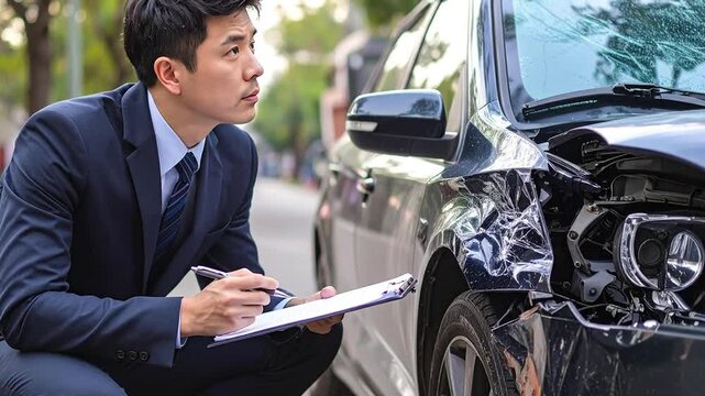 Insurance claims adjuster diligently inspecting vehicle damage after a car accident, holding a clipboard to assess the report