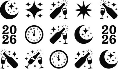 New Year 2026 celebration icon set with champagne, clocks, stars, and festive symbols in black line style