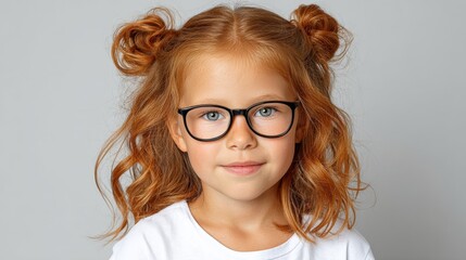 Young girl with curly red hair and glasses, wearing a white t-shirt, poses confidently against a neutral background, showcasing her playful personality and youthful charm