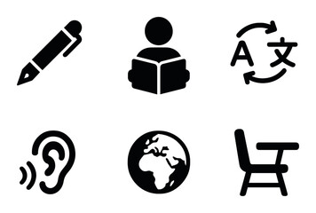 Educational icon set representing learning, reading, translation, listening, global, and classroom themes