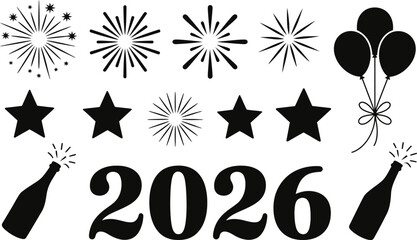 2026 celebration vector with fireworks, balloons, champagne, and festive icons in black silhouette party design